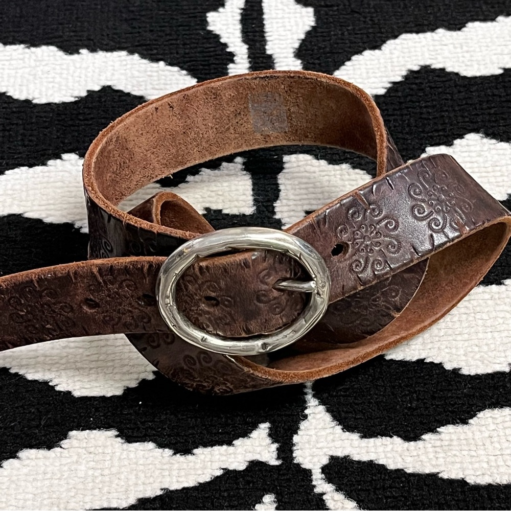 Vintage Brown Floral Tooled Die Cut Leather Belt Boho Chic Hippie